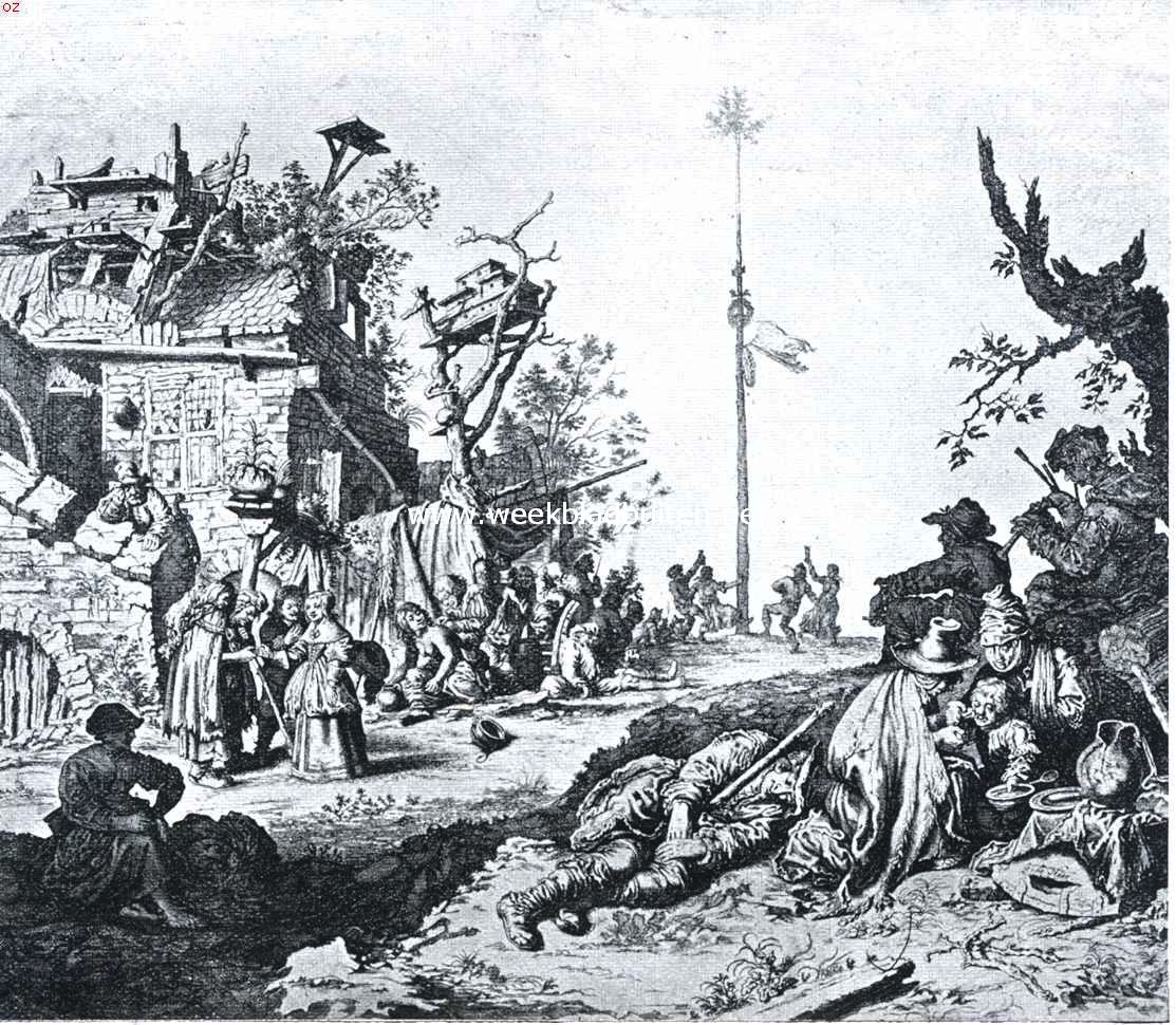 Het vieren van het Meifeest en het dansen om den meiboom. Naar een oude prent in het Rijksprentenkabinet te Amsterdam