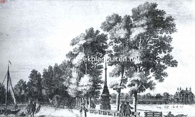 De banpaal aan den Amsteldijk in de 18de eeuw. Rechts op den achtergrond Huize Tulpenburg. Naar de gravure in Danil Willink's Amstellandsche Arkadia