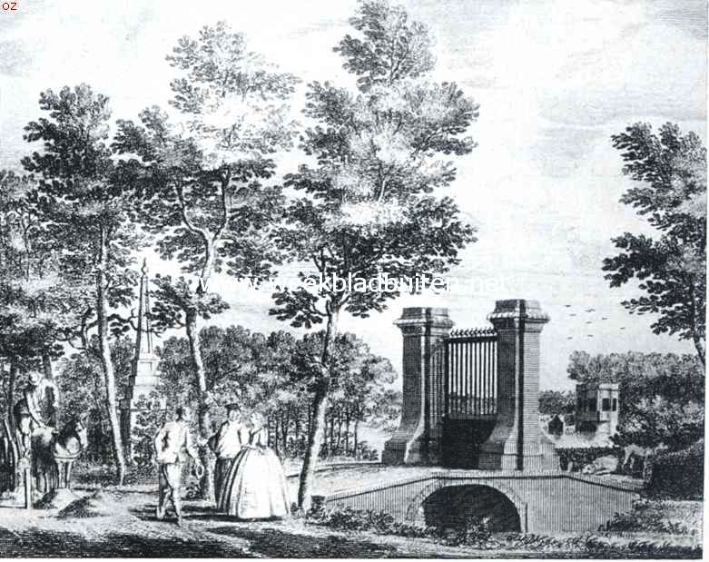 De banpaal bij Amstelveen, met hek van het lusthuis Elsrijk. Naar de gravure in Danil Willink's Amstellandsche Arkadia
