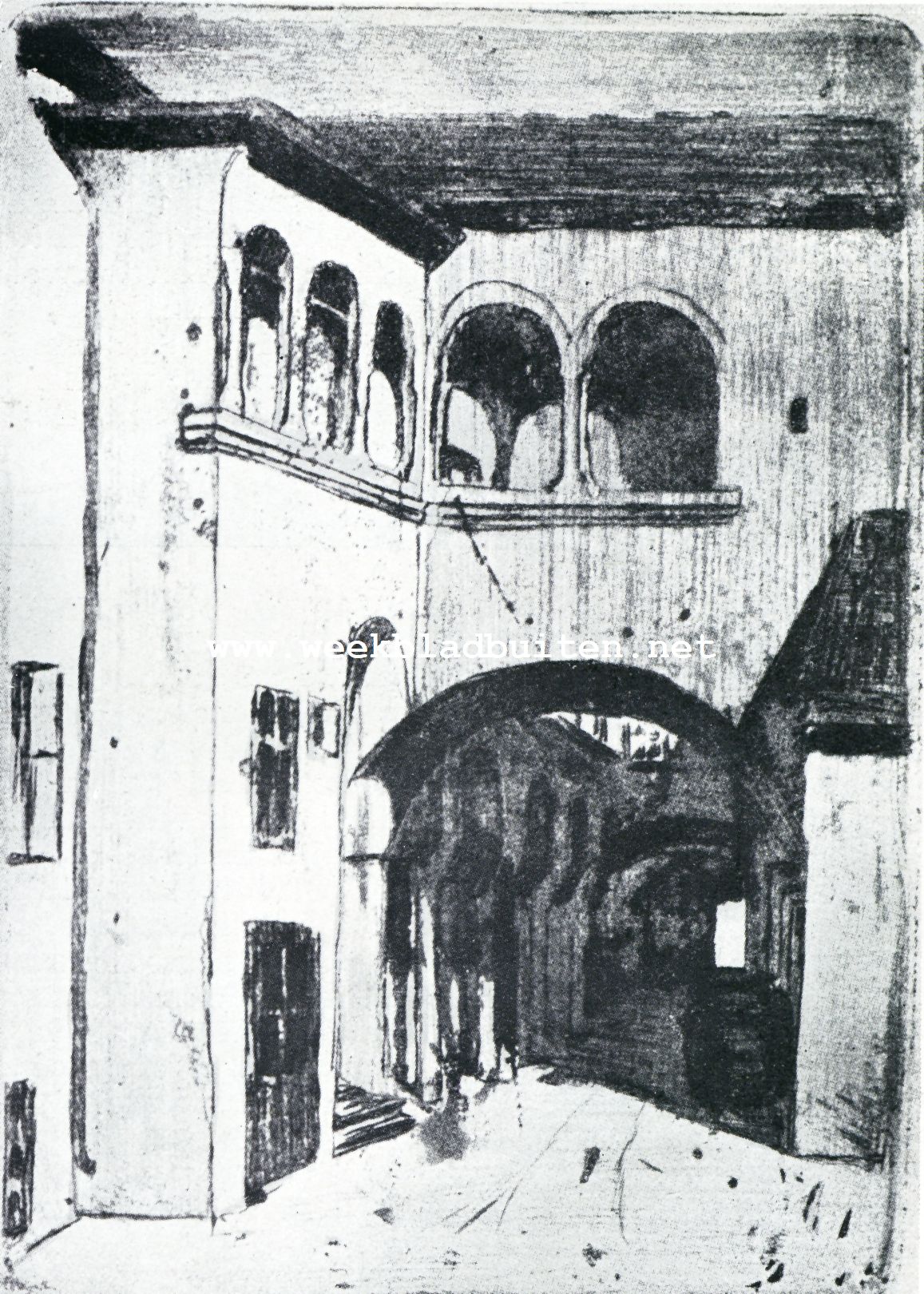 Het Hafner-huis te Mdling, waar Beethoven den zomer van 1818 en 1819 doorbracht. Naar de teekening van L. Grner