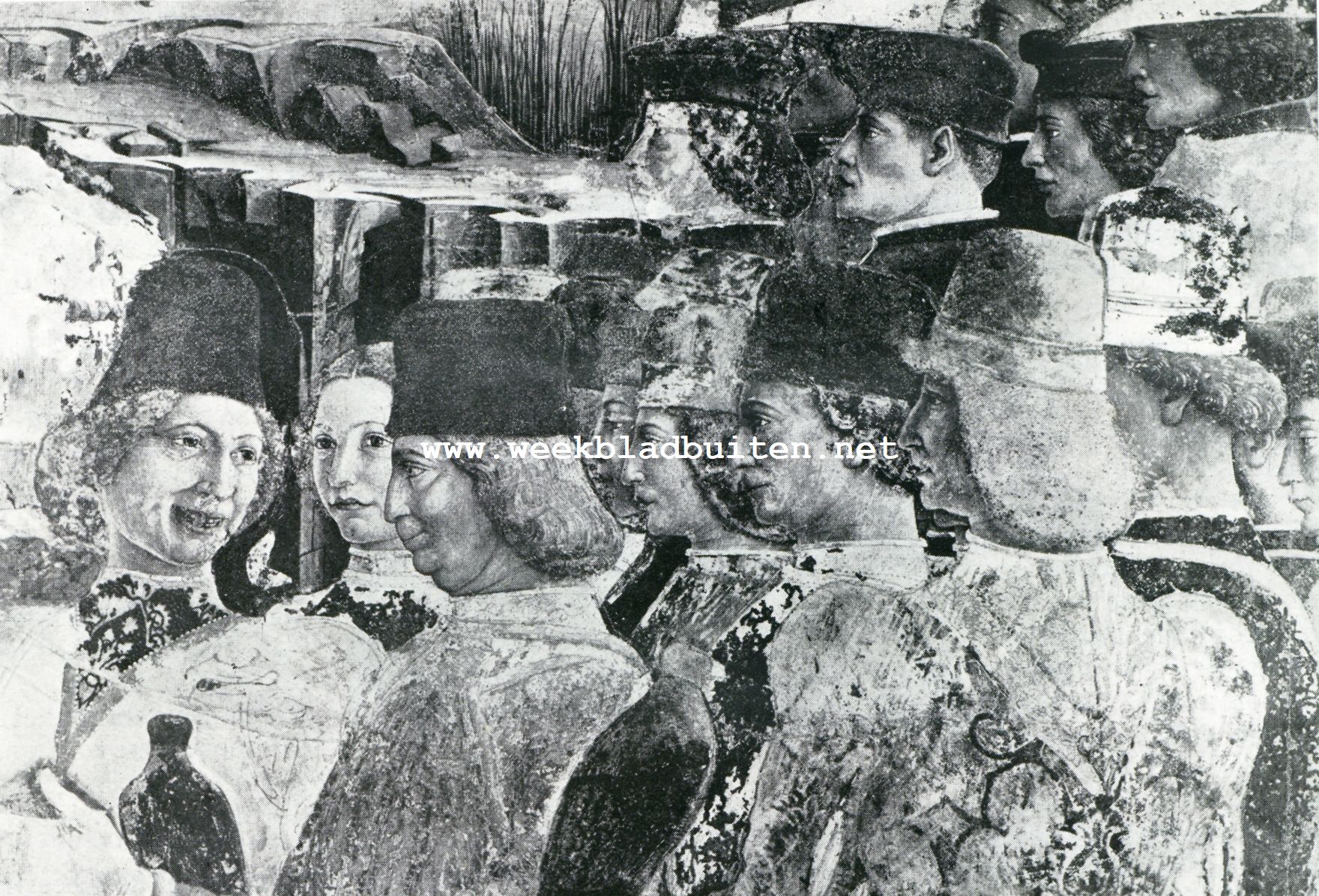 Fresco in het Schifanoja-paleis, voorstellende Borso d'Este met zijn broeders en hovelingen