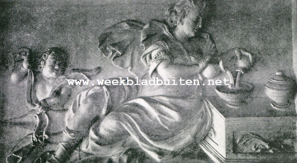 Het Huis Singel 256 te Amsterdam. De Matigheid. Stucco-wandversieringen in de vestibule van het perceel Singel 256 te Amsterdam