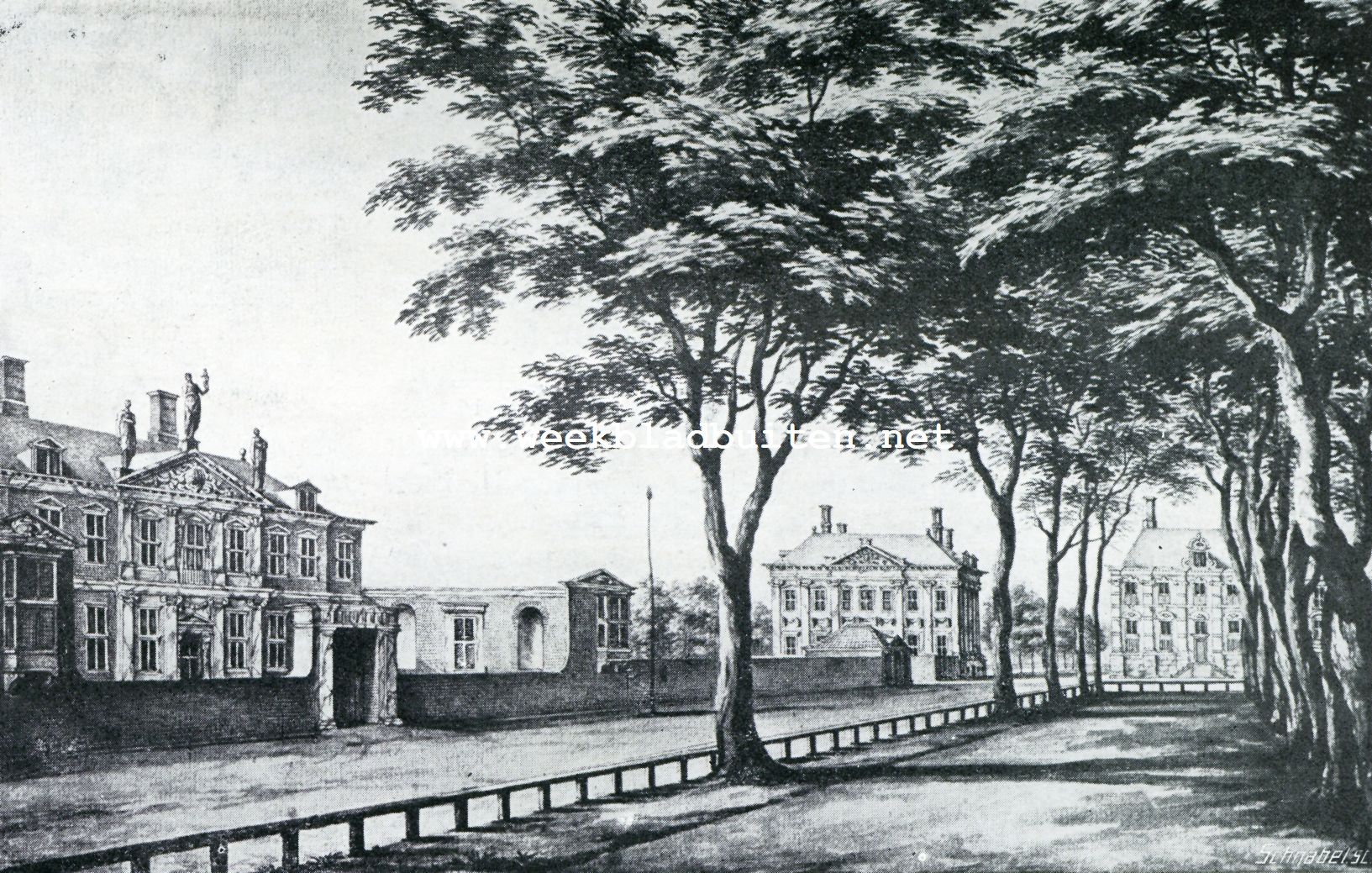 De ontwikkelingsgeschiedenis van het Hollandsche landhuis. Het in 1876 gesloopte huis van Constantijn Huygens (links) aan het Plein te 's Gravenhage