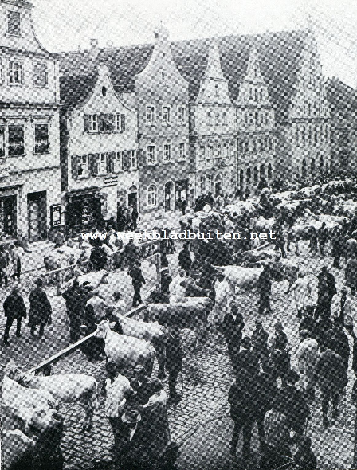 Donauwrth in Beiersch-Zwaben. De maandelijksche veemarkt op de Reichsstrasse