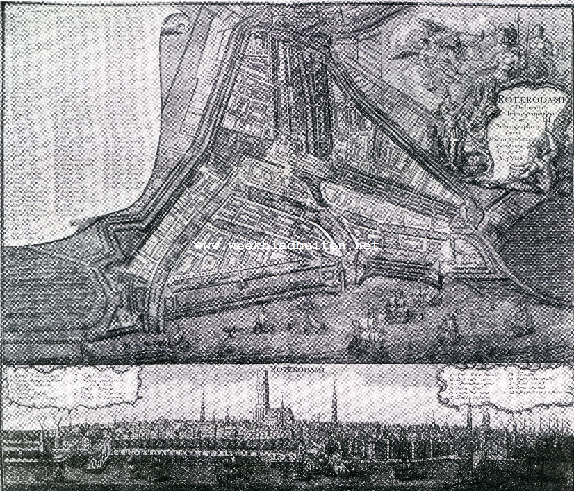 De groei van Rotterdam 1328-1928. Rotterdam omstreeks 1740. Naar een kaart van Mathias Seutter, keizerlijk geograaf