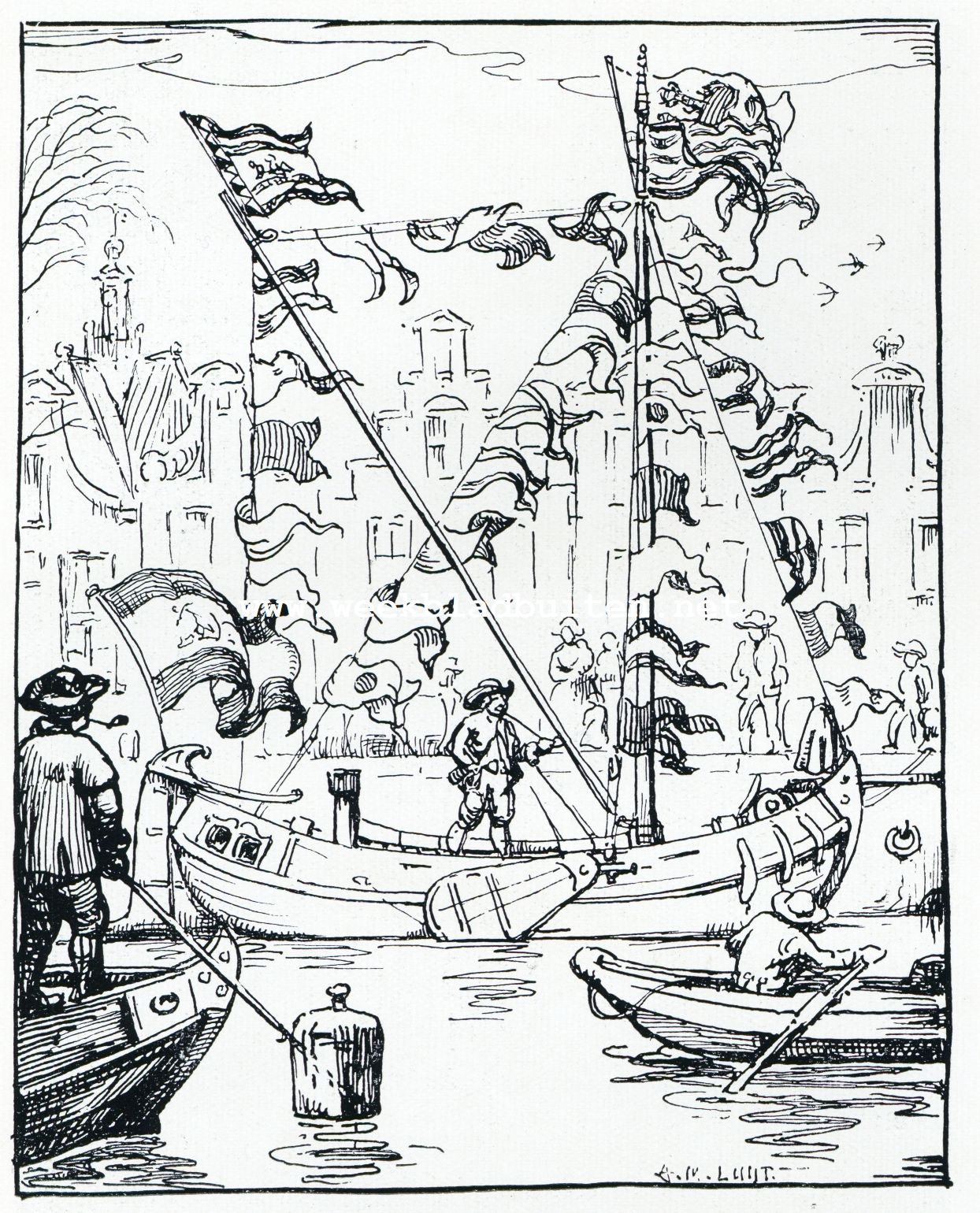 Een Oranjefeest in Den Haag in het jaar 1766. Van onder tot boven met vlaggen en wimpels getooid