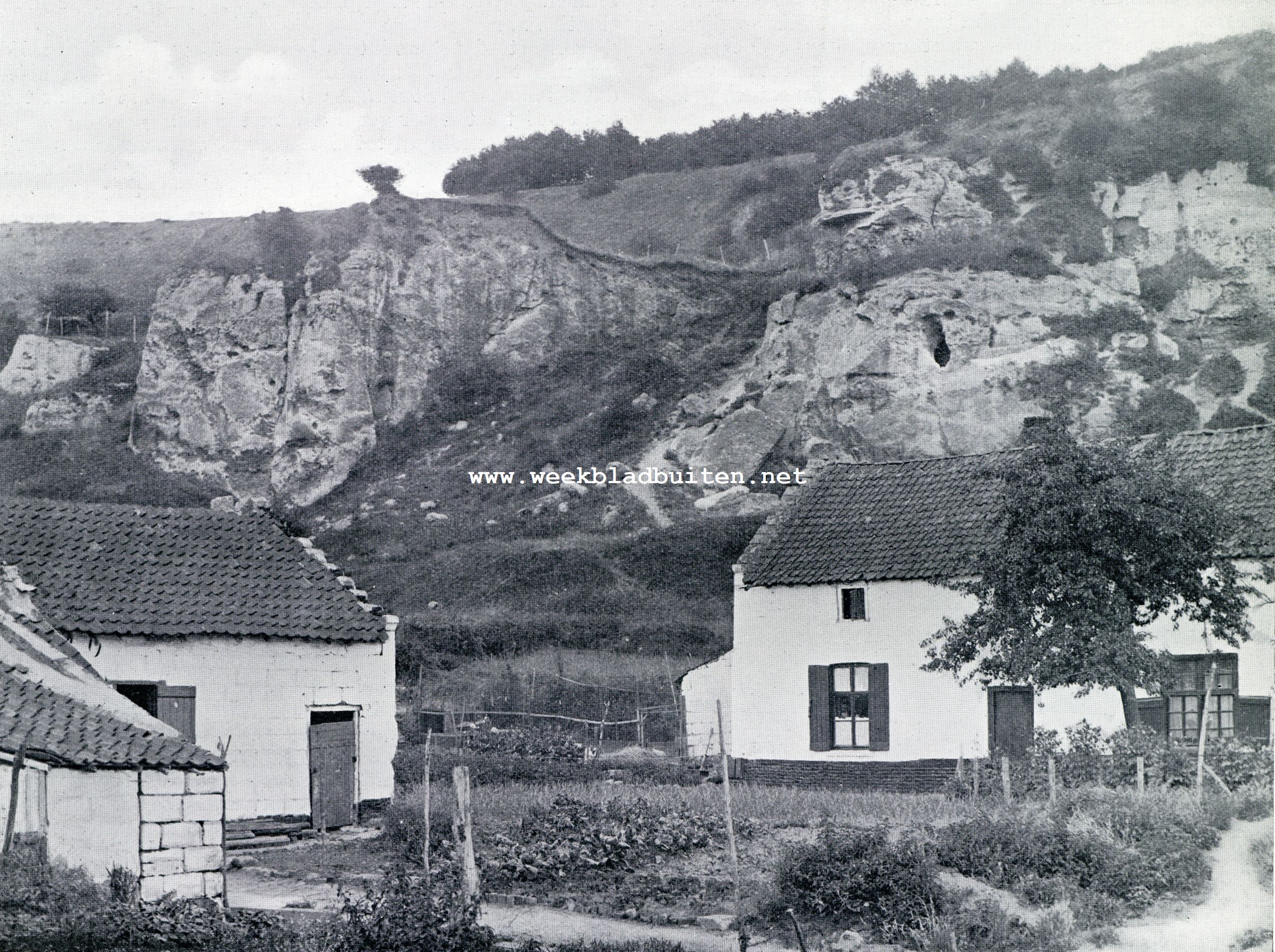 De afgraving van den Sint-Pietersberg. Huisjes van kalksteen aan de Jekerzijde van den Sint-Pietersberg
