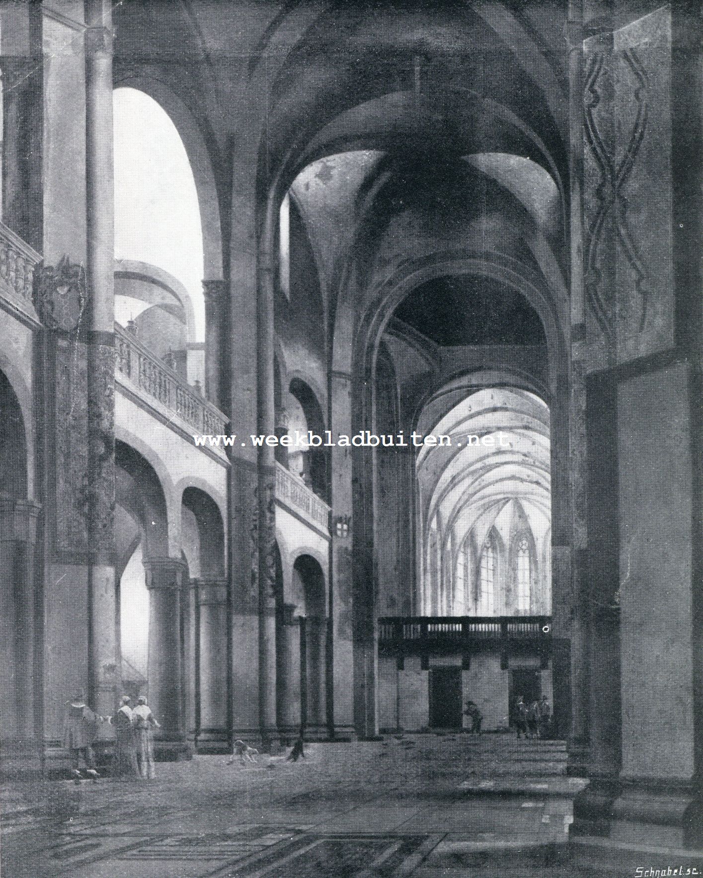 De oude Utrechtsche kerken. De gesloopte Mariakerk te Utrecht in de XVIIe eeuw, naar een schilderij van Pieter Saenredam. Gezicht op het koor