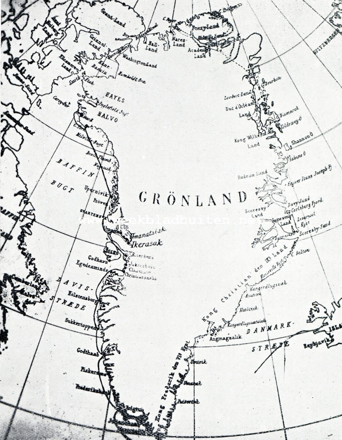 By de Smithsund-Eskimo's. Kaart van Groenland. De route, door Chr. Leden gevolgd, staat hierop aangegeven