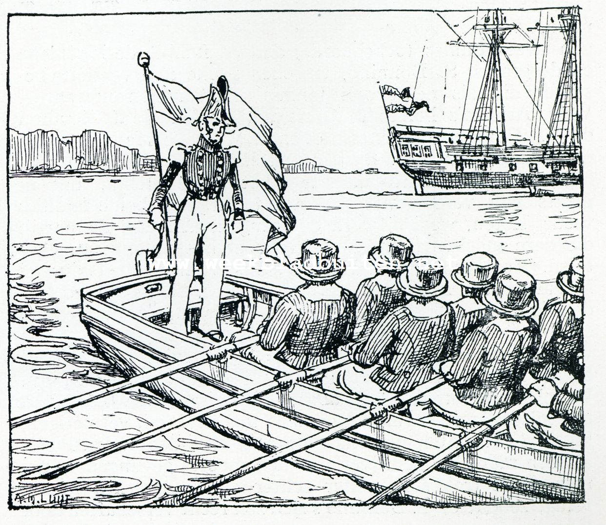 Per zeilschip naar Batavia, honderd jaar geleden. We kregen een sloep aan boord van het oorlogschip met een luitenant, die bij ons over kwam