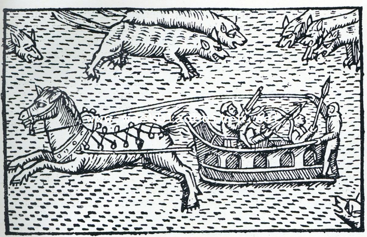 De winter in Oost-Europa en Siberi, volgens oude prenten. Op de slede ter wolvenjacht (Houtsnede uit 1555)