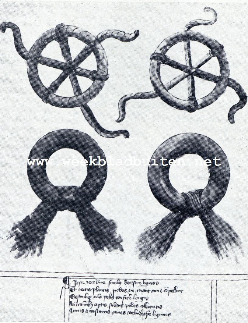 De winter in Oost-Europa en Siberi, volgens oude prenten. Sneeuwschoenen of -ringen uit stroo. (Teekening uit 1405)
