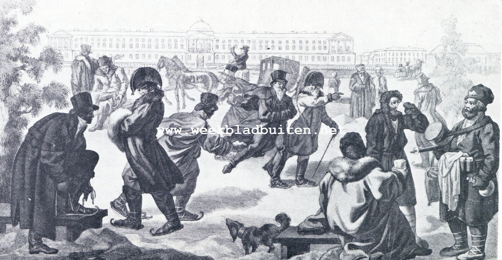 De winter in Oost-Europa en Siberi, volgens oude prenten. Schaatsenrtijden en sledevaren op de Newa. (Gekleurde ets uit 1812)