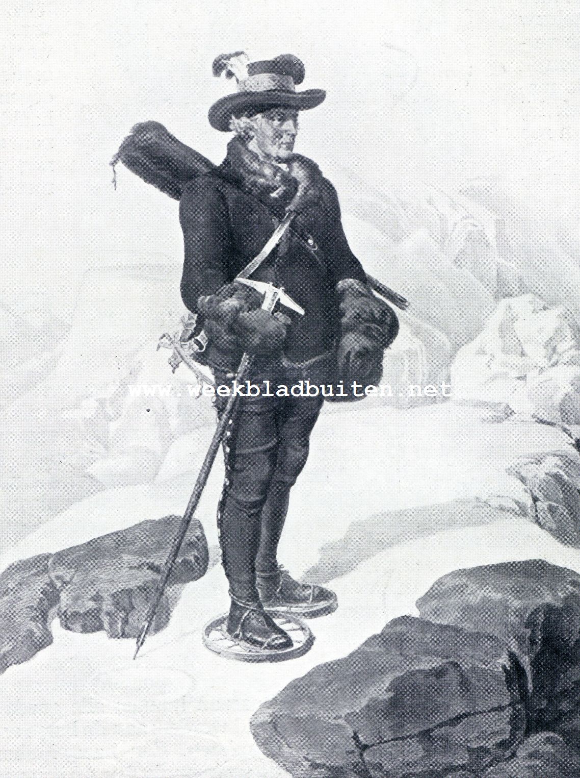 De winter in Oost-Europa en Siberi, volgens oude prenten. Keizerlijke jager in Stiermarken