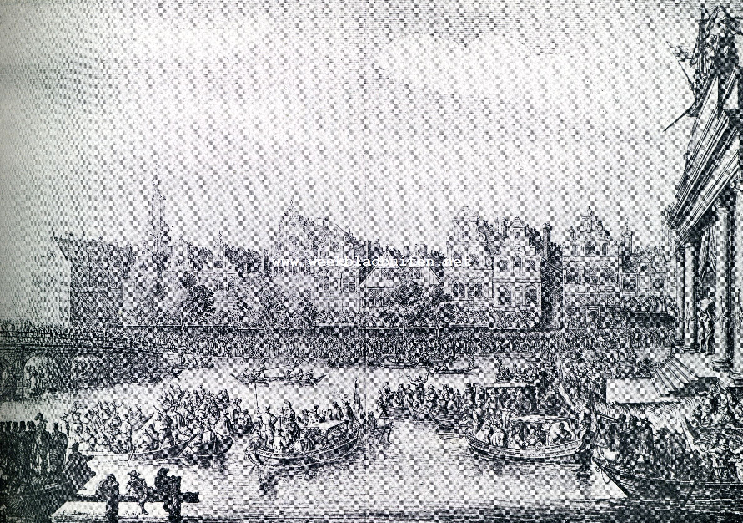 Het Rokin te Amsterdam. Gezicht bij de Munt en de Doelenbrug tijdens de feesten voor Maria de Medicis 1638. Naar .. Van Savry