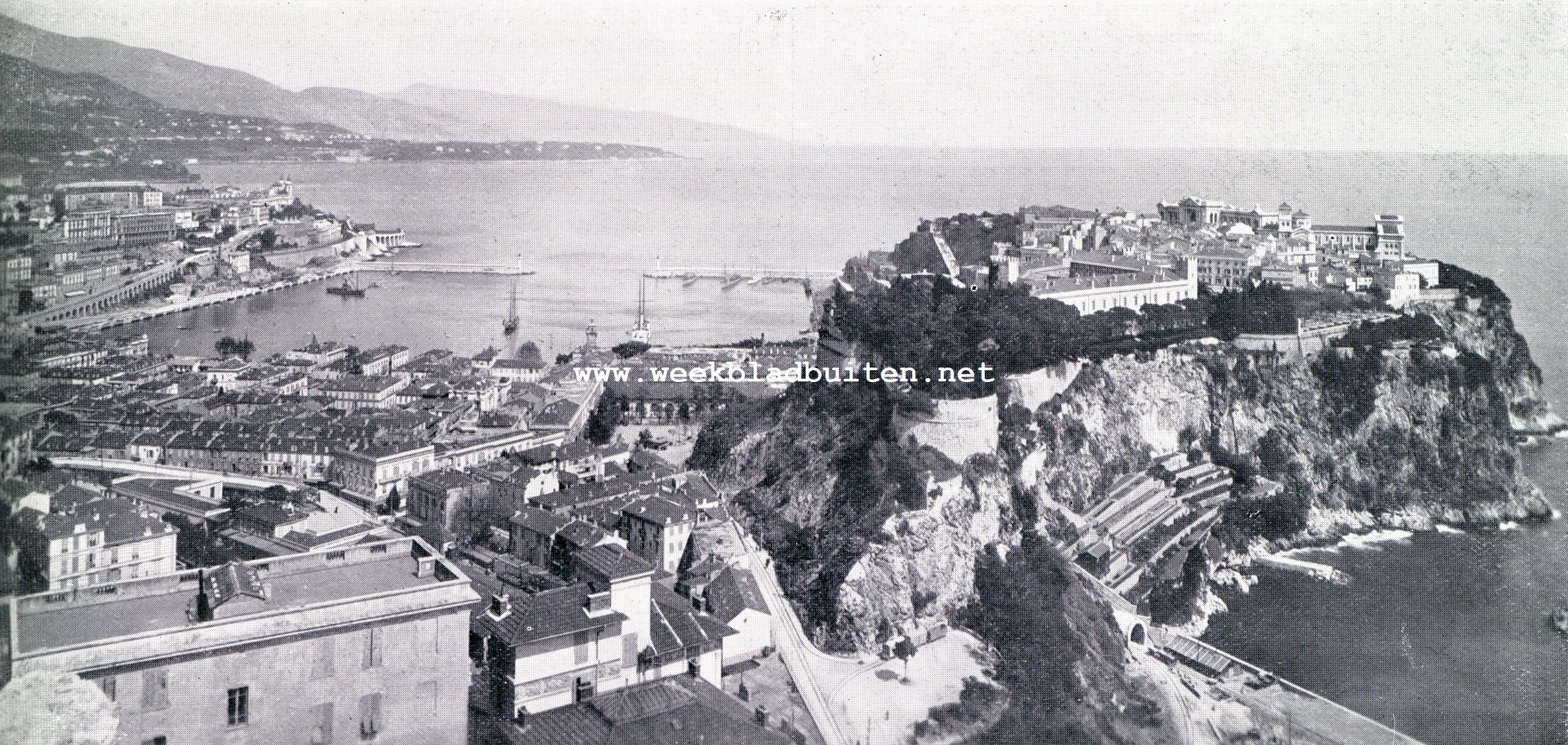 Landschappen in en om het vorstendom Monaco. Rechts: het oude op de hooge rots gelegen Monaco. Links: het tegenoverliggende terras van Monte Carlo. Tusschen beide is de laagte: Condamine aan de haven