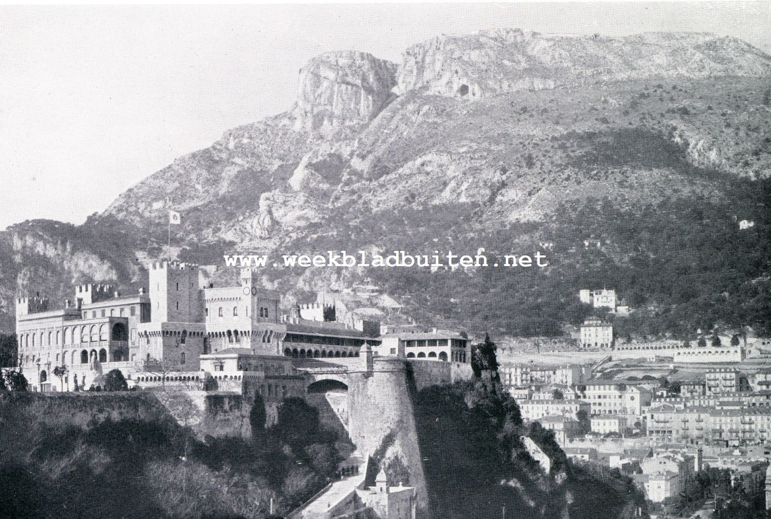 Landschappen in en om het vorstendom Monaco. Links: het paleis van den vorst van Monaco. Rechts in de laagte: Condamine. Op den achtergrond: La Tte du Chien