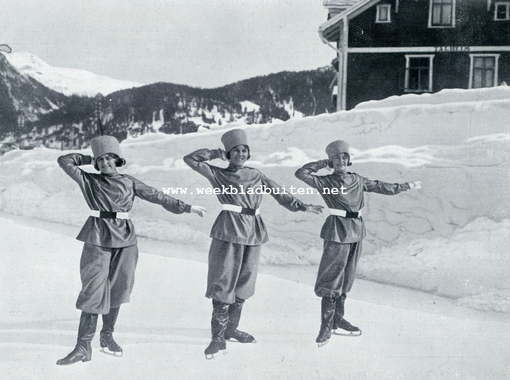 In Davos. Drie vroolijke kozakken op een ijsfeest te Davos