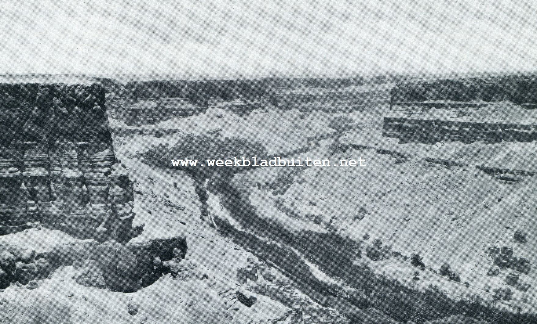 HADRAMAUT. DE WADI IS ALS EEN GROENE RIVIER MET IN T MIDDEN HET BLINKEND WITTE LINT VAN DE ZANDBEDDING