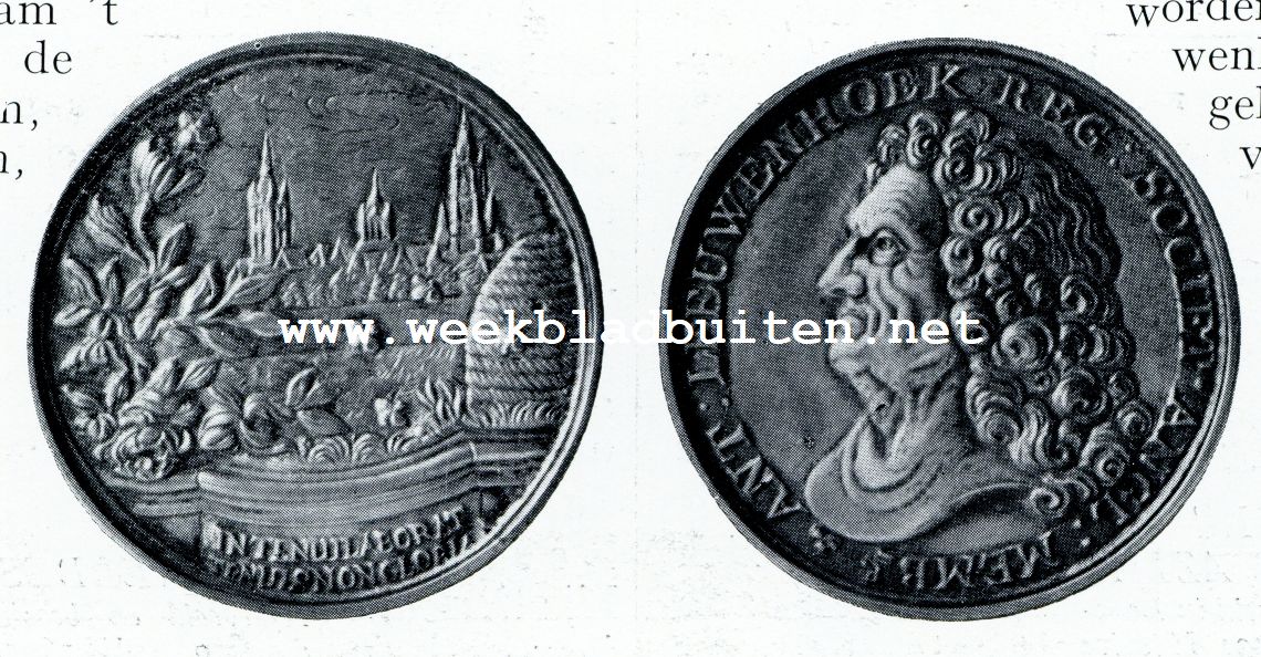 GEDENKPENNING, IN 1716 AAN VAN LEEUWENHOEK VEREERD DOOREEN AANTAL LEUVENSCHE PROFESSOREN. Op de keerzijde: een Sinnebeeldt ende de Stad Delft in t verschiet
