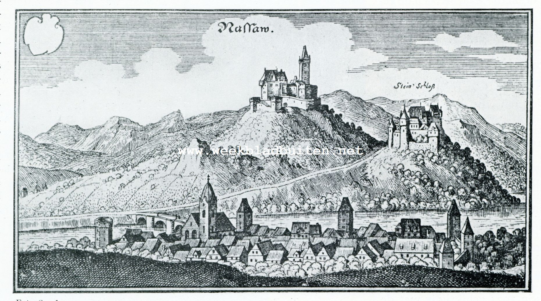 DE BURCHT VAN NASSAU EN DE VAZALLENBURCHT STEIN. NAAR EEN GRAVURE UIT MERIANS T0P0GRAPHIA HASSIAE (1634)