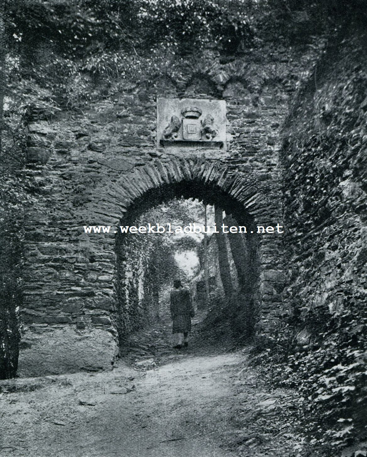 DE OPRIJ- OF BUITENPOORT VAN DEN BURCHT NASSAU, TOEGANG GEVEND TOT DEN ZWINGER BOVEN DE POORT EEN GEDENKSTEEN, IN 1814 AANGEBRACHT, WAAROP DE NASSAUSCHE LEEUWEN INSCRIPTIE: ,GEMEINSCHAFTLICHE STAMBURG NASSAN