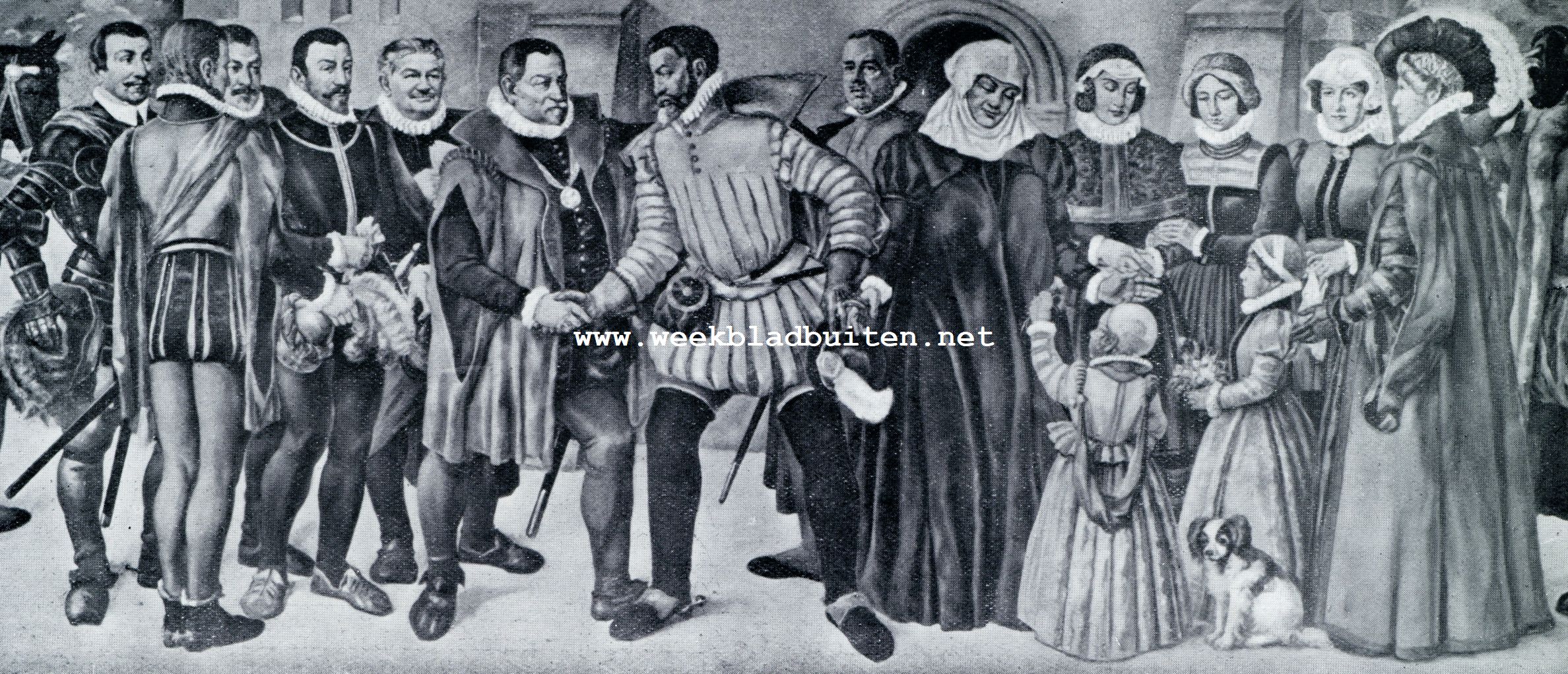 MIDDENSTUK UIT HET GROOTE SCHILDERIJ VAN GEORG POPPE IN DE RAADZAAL VAN HET STADHUIS TE DILLENBURG, VOORSTELLENDE DE AANKOMST VAN WILLEM DEN ZWIJGER OP HET SLOT DILLENBURG, DEN 7DEN MEI 1567. In het midden begroet de zooeven aangekomen Willem den Zwijger zijn broer Jan den Oude; links van dezen Dr. Schwartz, raadsman van laatstgenoemde, vervolgens Lodewijk, Adolf en Hendrik van Nassau. Rechts van den Prins zijn moeder Juliana van Stolberg, naast deze twee harer dochters en geheel rechts Willems gemalin Anna van Saksen, wier beide dochtertjes hun grootmoeder bloemen aanbieden. Het schilderij, metende 12,60 m. bij 1,80 m. werd op 30 Juli 1929 bij de inwijding der raadzaal onthuld