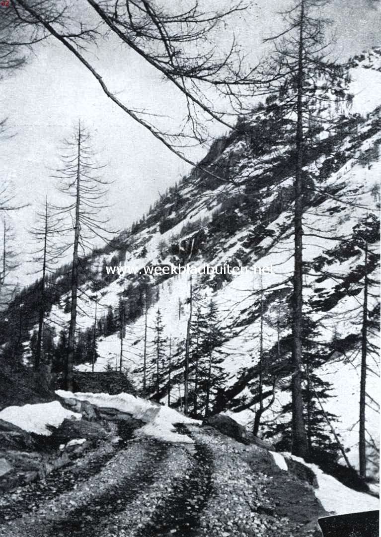 Bosco, een Duitsch-Zwitsersche nederzetting in Tessino. Weg naar Bosco, bocht bij de Marie-kapel (1500 M hoog)