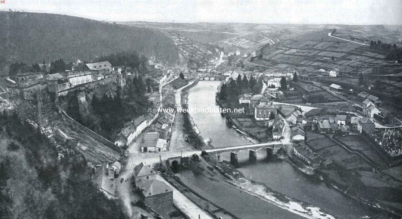 Oude, merkwaardige plekjes in Waalsch Belgi. Bouillon aan de Semois, links het kasteel