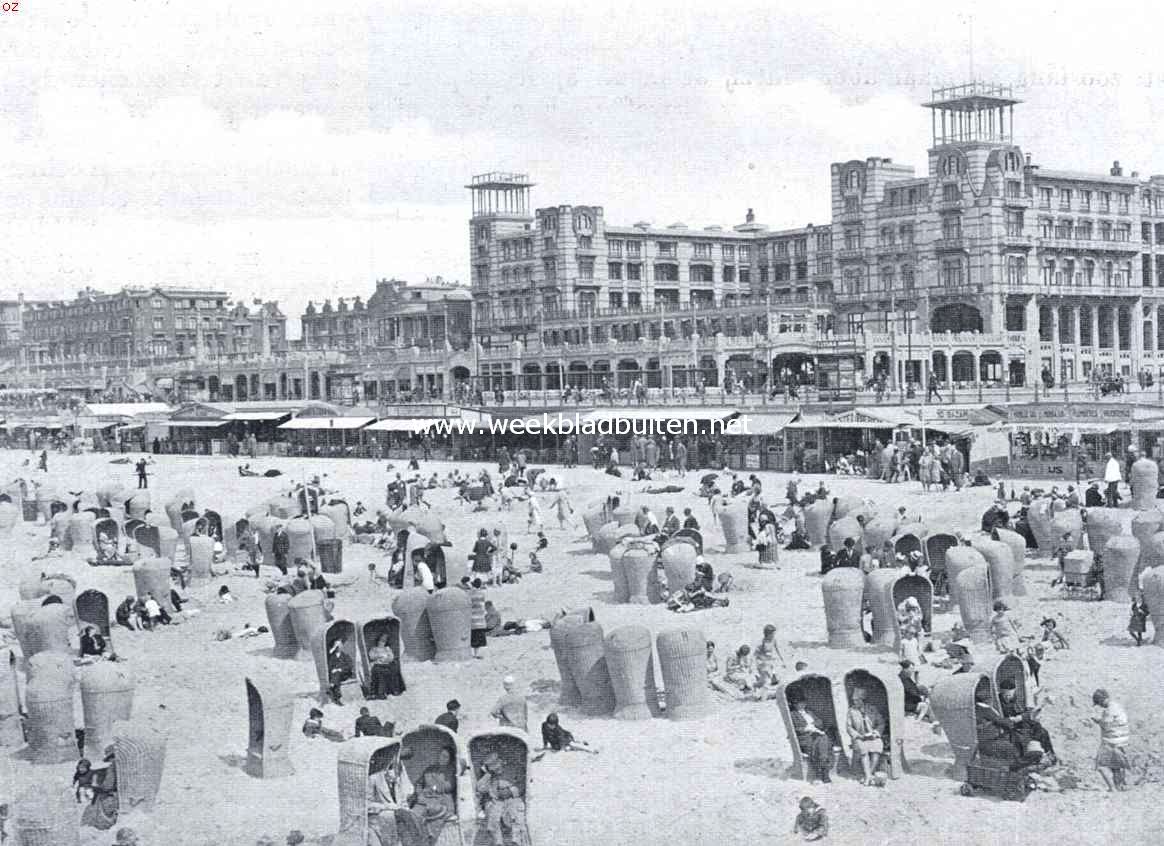 Onze voornaamste zeebadplaats. Het strand van Scheveningen met het noordelijke gedeelte van den boulevard