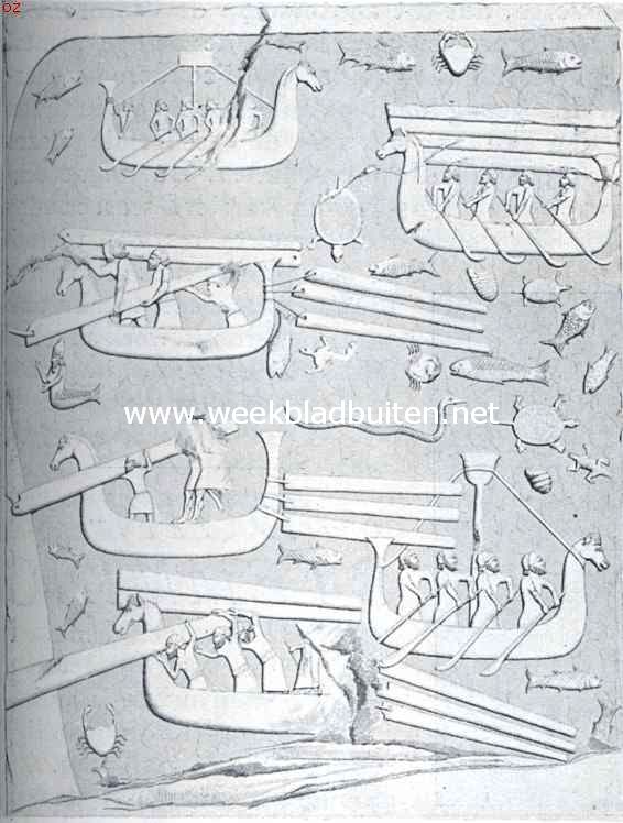Scheepsfolklore in de scheepsversiering. Babylonische vaartuigen met paardenkoppen op den voorsteven (gravure naar een relif van koning Sargon te Korsobad, thans in het Louvre)
