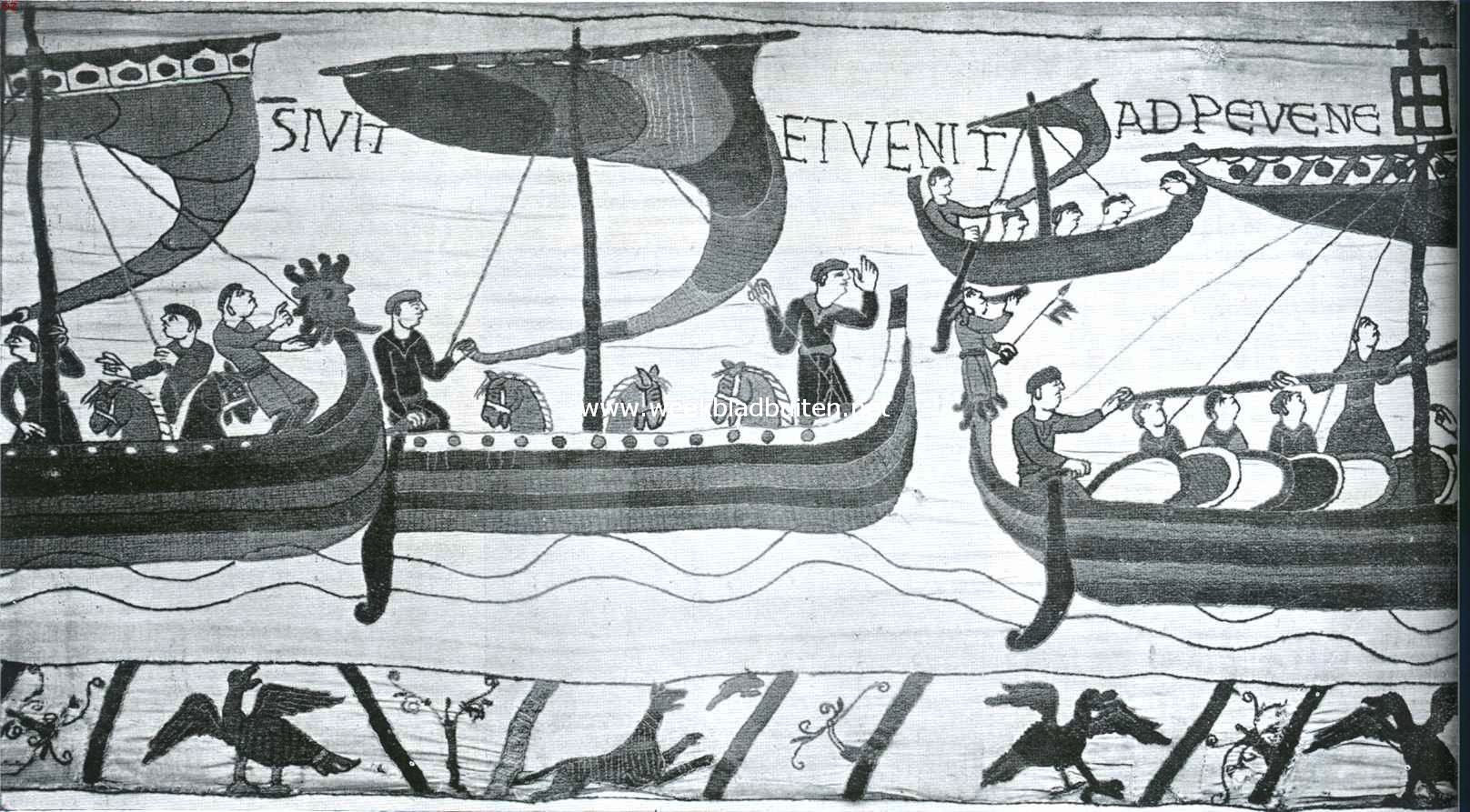 Scheepsfolklore in de scheepsversiering. Het vermaarde Bayeux-naaldwerk. Schegbeeld op een der schepen van de vloot van Willem den Veroveraar