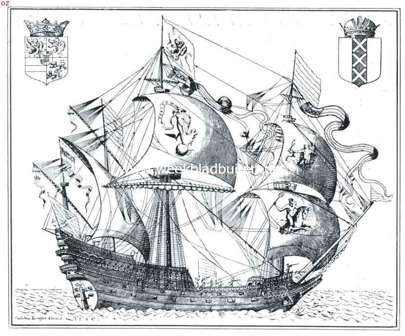 Scheepsfolklore in de scheepsversiering. Groot Amsterdamsch schip uit het einde der 16e eeuw, geteekend door W. Barentz in 1594 (Ned. Hist. Scheepvaartmuseum, Amsterdam)