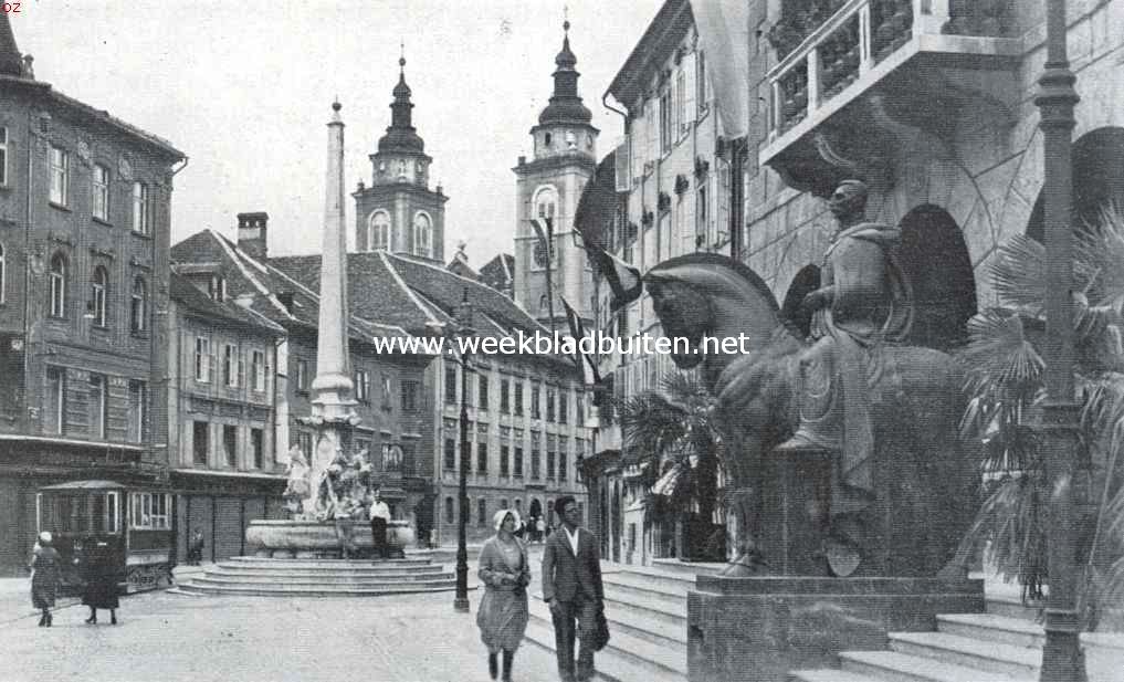 Bij Slovenen, Kroaten en Slavonen. Standbeeld van koning Peter I en raadhuis te Ljubljana
