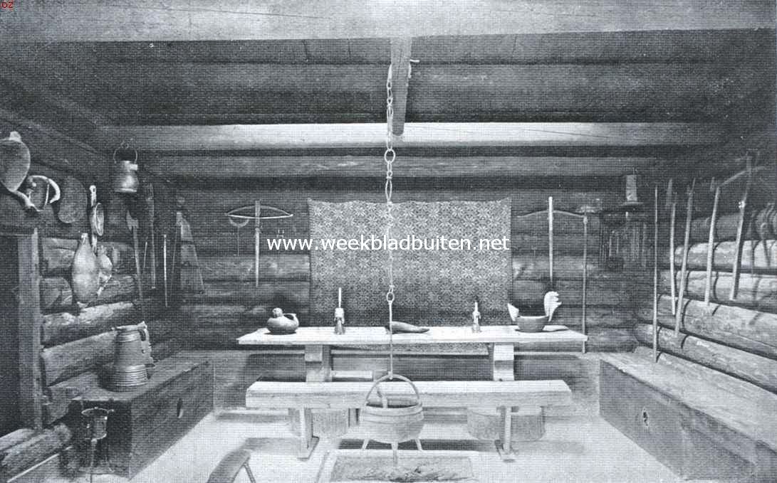 Noorsch volksleven. Interieur van een aarestue (haardhuis) in het openlucht-meseum te Maihaugen (1440)