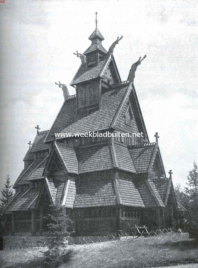 Noorsch volksleven. Oud-Noorsche Stavkerk te Bygdy (ongeveer 1150)