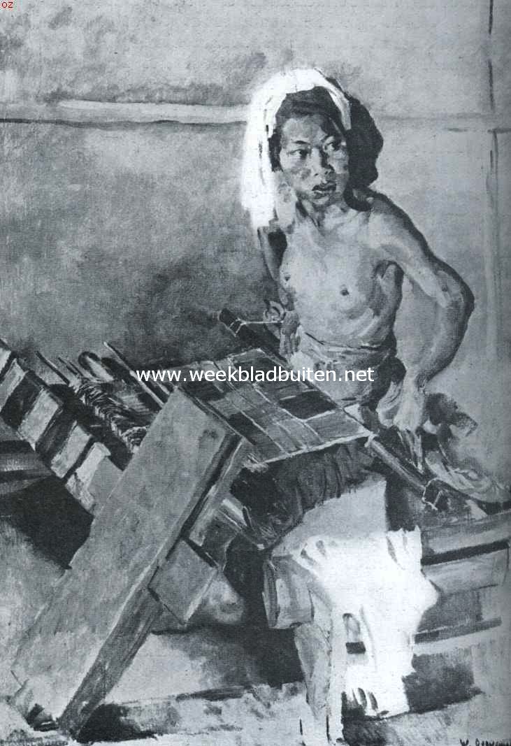 Bali. Balineesche weefster. Naar een schilderij van Willem Dooijewaard