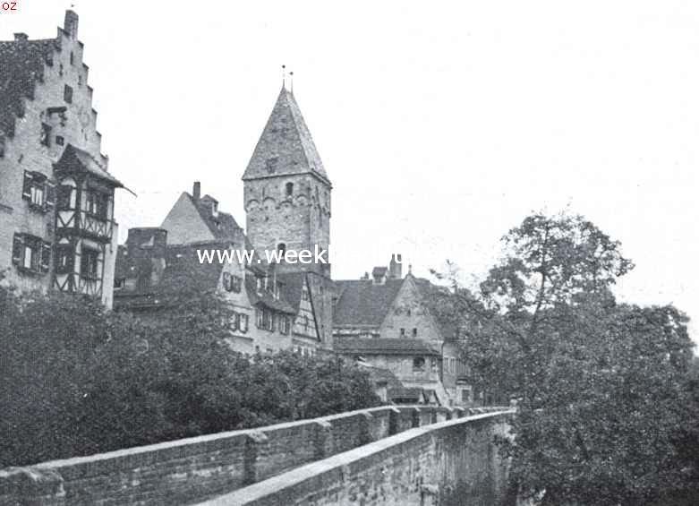De stadsmuur aan den Donau te Ulm met den Metzgertoren