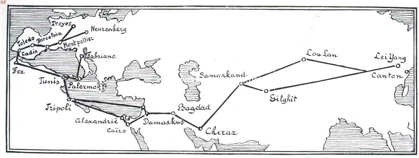 De weg, die de uitvoer en de fabricage van papier, van China uit naar het westen, tot in de 12e eeuw gevolgd heeft. De uitbreiding der fabricage van Tunis via Palermo naar Fabriano en van Montpellier naar Neurenberg volgde later