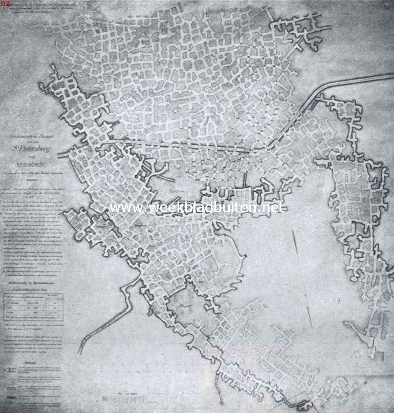 Plattegrond van een gedeelte der onderaardsche gangen in den St. Pietsrberg, naar een teekening uit 1796, vervaardigd door Fransche officieren. De donkeromrande zijn begaanbare gangen; bovenaan instortingsgebied met verkenningspunten en tunnel
