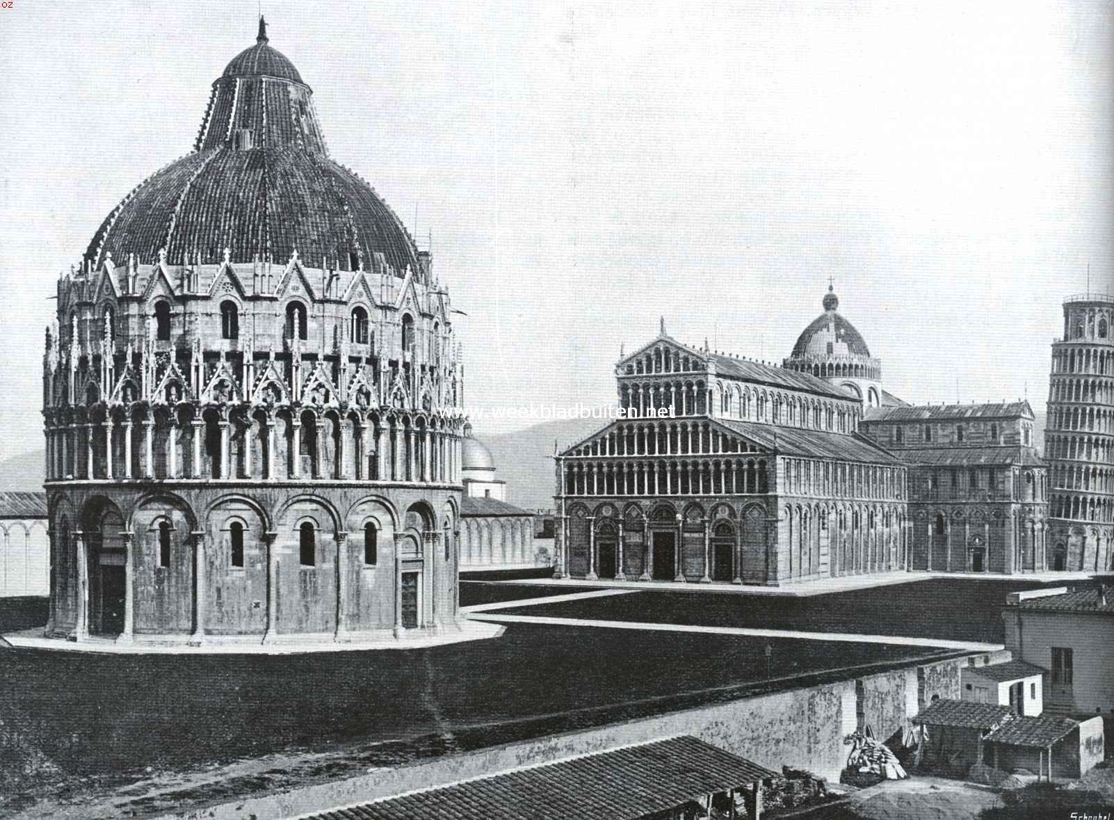 De Campanile van Pisa. De Dom, het Baptisterium en de scheeve toren te Pisa