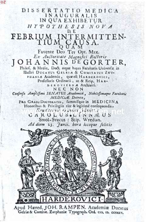 Linnaeus bij Clifford. Titelblad van Linnaeus' proefschrift, Harderwijk (1735)