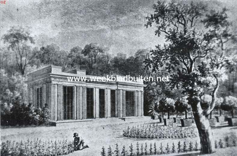 Linnaeus bij Clifford. De Hartecamp met oranjerie. Op den voorgrond een door Linnaeus geplante tulpenboom