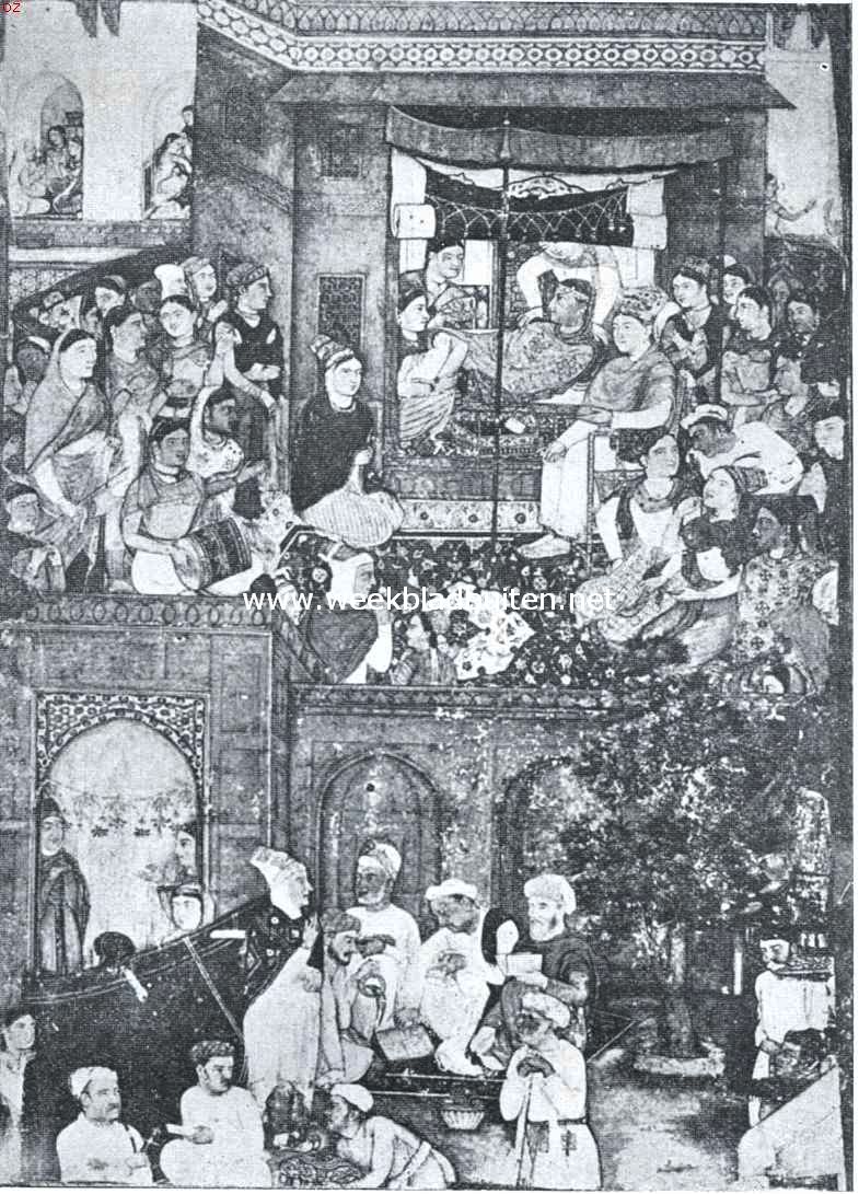 Indische vorstinnen. De geboorte van een keizerlijken prins. Mogol-schilderij uit het begin der 17e eeuw in het Museum of Fine Arts te Boston