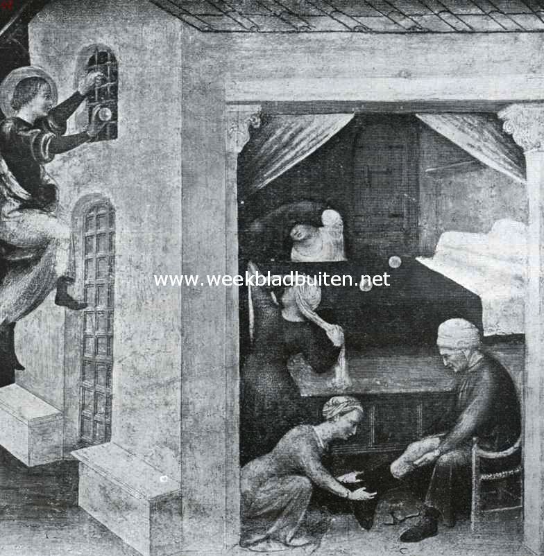 Sint Nicolaas werpt geldt voor een bruidschat in een huisje, waar drie dochters zijn (Middeleeuwsch paneel uit de school van Gentile de Fabriano)