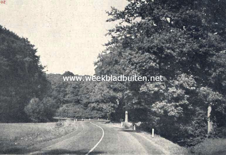 Verfstreep in het midden van den weg als geleiding voor het verkeer, de bochten zijn bovendien met lage witte paaltjes aangeduid. In het landschap zijn deze weinig storend