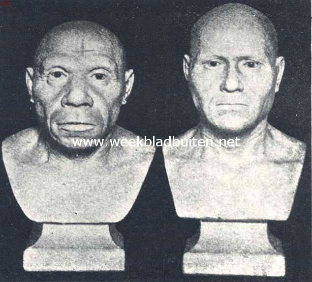 Links: Reconstructie van een Neanderthaler; Rechts: Idem van een Cromagnonmensch (Naar Mac Gregor)