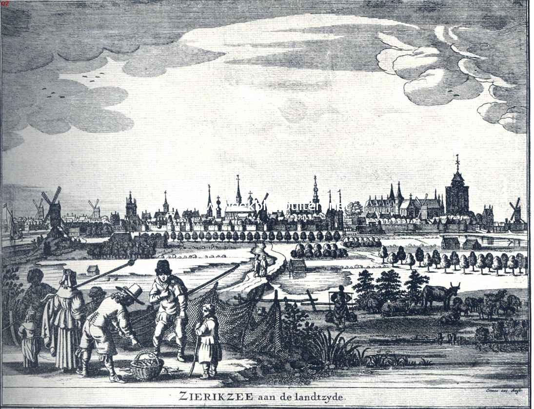 Zierikzee. Zierikzee van de landzijde, waarbij de Sint Lievensmonsterkerk met haar kapellen goed zichtbaar is. Naar de gravure van Ottens in de Speculum Zelandiae