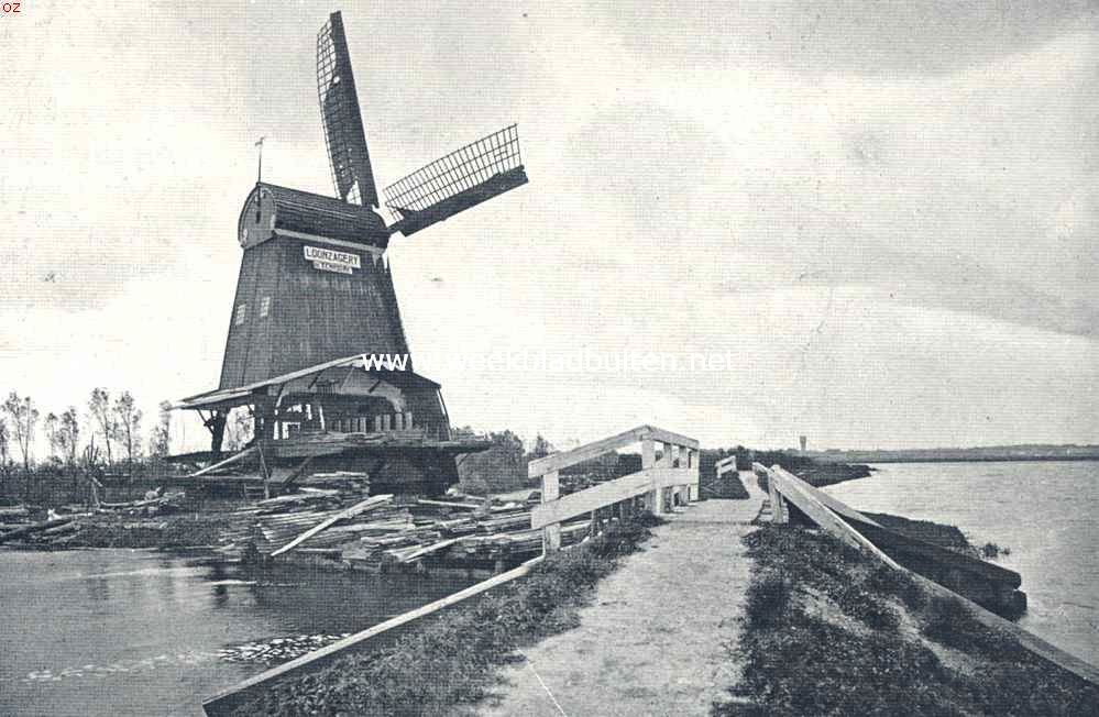 Molens. Houtzaagmolen (paltrokmolen) aan het Spaarne nabij Schalkwijk, eigendom van de Vereeniging 
